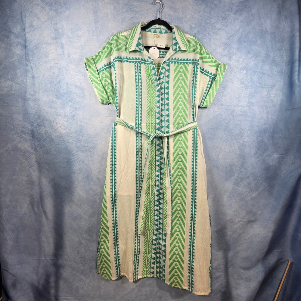 En Creme‎ Green Geometric Aztec Print Midi Shirt Dress Belted NWT Size L
